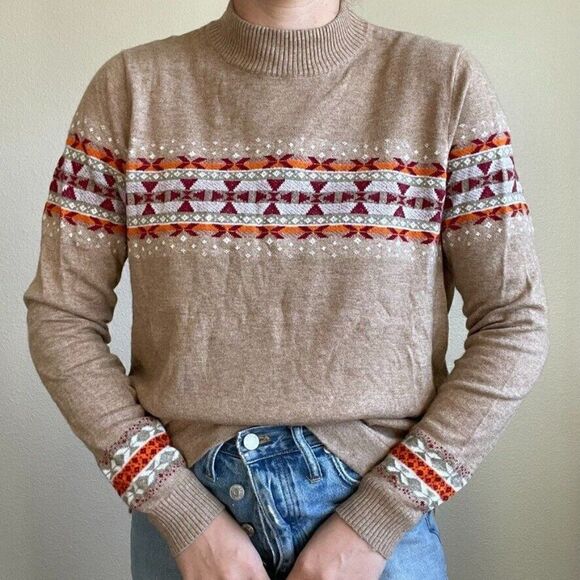 Woolrich Womens Wool Blend Fair Isle Brown Red Lightweight Sweater Sz XL - Picture 1 of 8